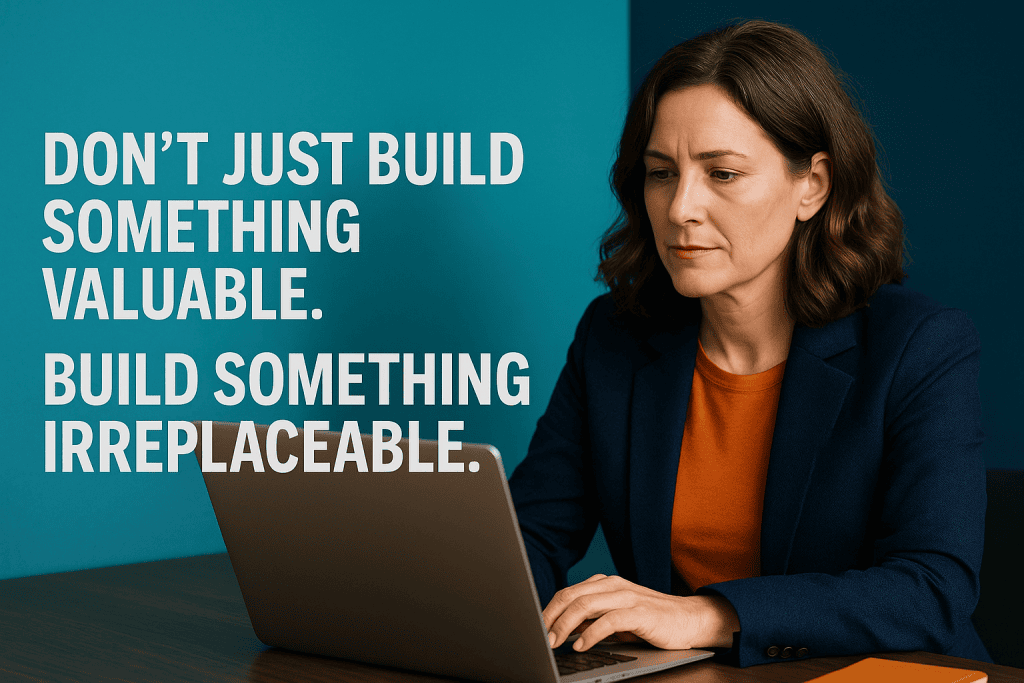 woman at laptop with phrase don't just build something valuable build something replaceable